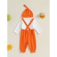 thumbnail image 3 of Suealasg Baby Boys Girls Thanksgiving Clothes Long Sleeve Pumpkin Letter Print Romper Suspender Pants Hat Sets 3 6 12 18 Months Infant 3Pcs Thanksgiving Holiday Outfits, 3 of 7