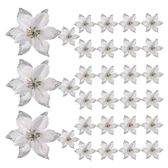 50 Pack Glitter Poinsettia Christmas Tree Ornaments Artificial Silk Flowers Picks Decor Wreath Garland Holiday (Silver)