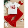 thumbnail image 3 of Sedceaty Christmas Kids Girls Outfits Letter Print Short Sleeve Tops and Casual Velvet Flare Pants Headbands Set, 3 of 9