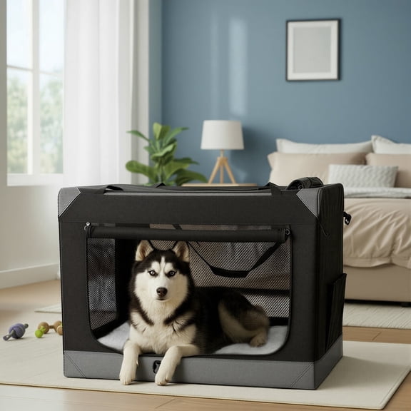 LEDREM Portable Collapsible Dog Crate, 36" Soft Travel Kennel with 4 Mesh Doors, Oxford Fabric, Handles & Pockets, for Large Dogs, Ink Black and Dove Gray