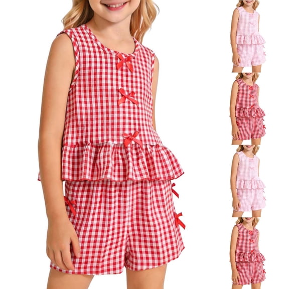 FRSASU Girl's Gingham Sets 2 Piece Bow Tie Front Ruffled Tank Top Baggy Shorts Sets Cute Summer Vacation Beachy Outfits Watermelon Red