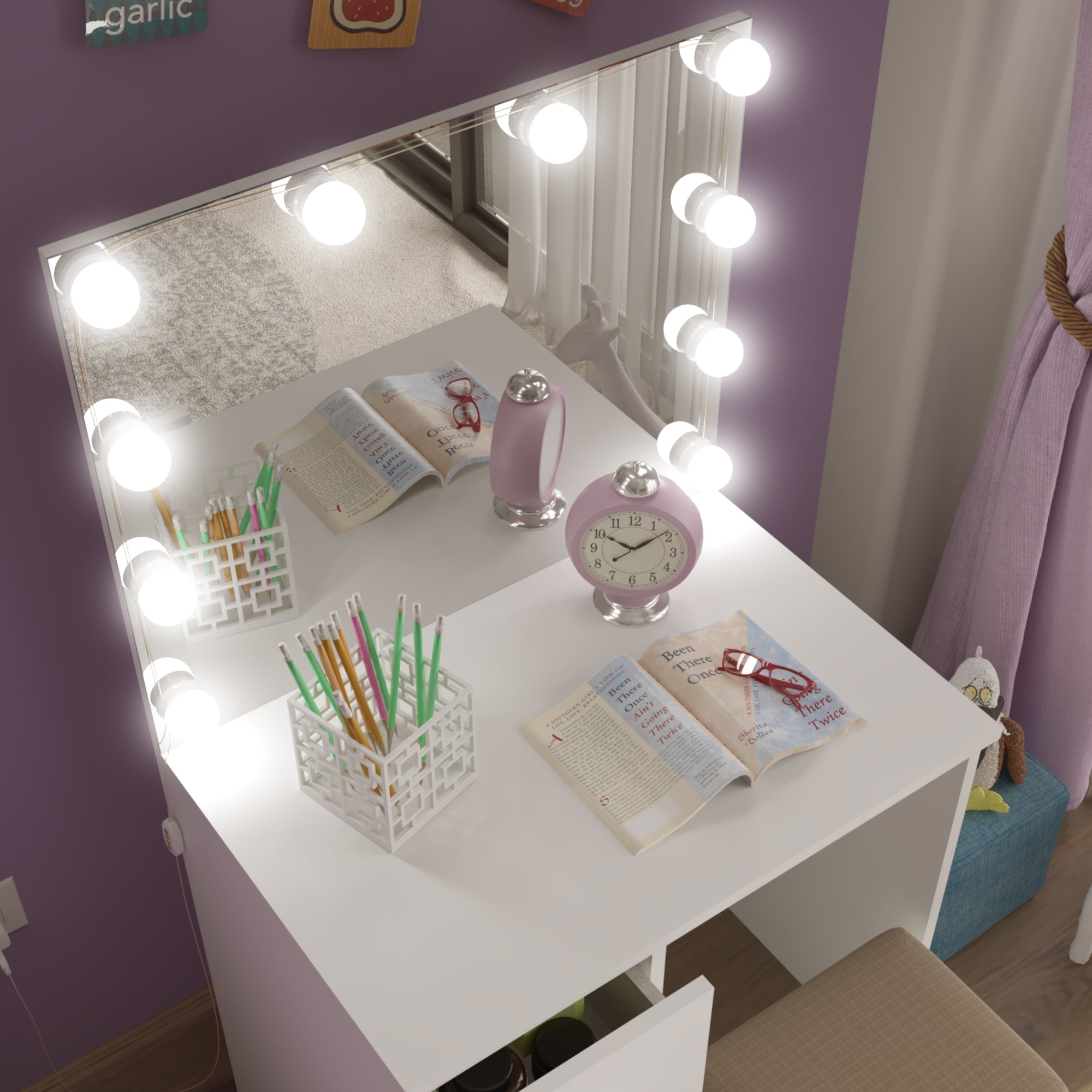 Ember Interiors Vanity Desk for Kids with Mirror,3 Drawers, Lights, Chair, Rose Gold Crystal Ball Knobs, White