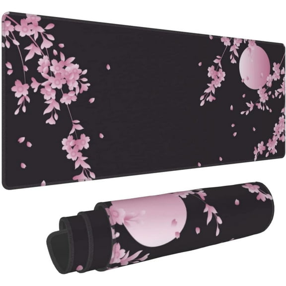 Sakura Cherry Blossom Extended Gaming Mouse Pad Non-Slip Rubber Base Pink Large Mousepad 31.5x11.8in with Stitched Edge Waterproof Flower Keyboard Pads Black Desk Laptop Mats for Work/Game/Office