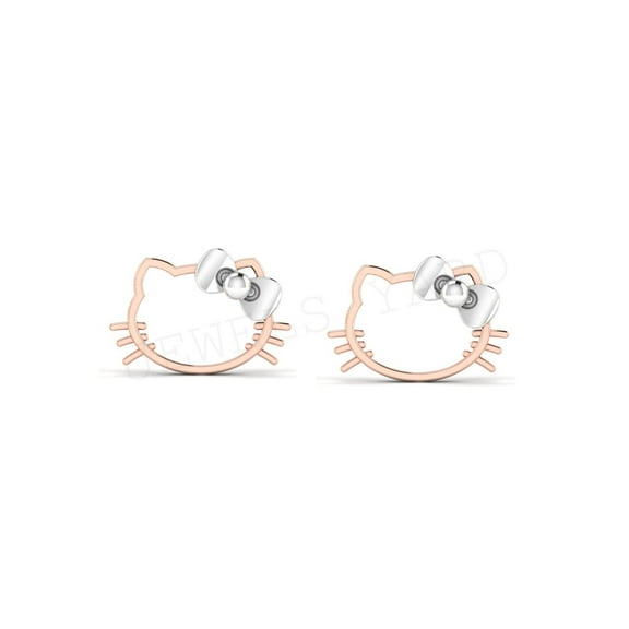 Cute Cat Face Stud Earring 925 Sterling Silver Rose & White Two Tone Gold Plated -Perfect Gift For Your Women