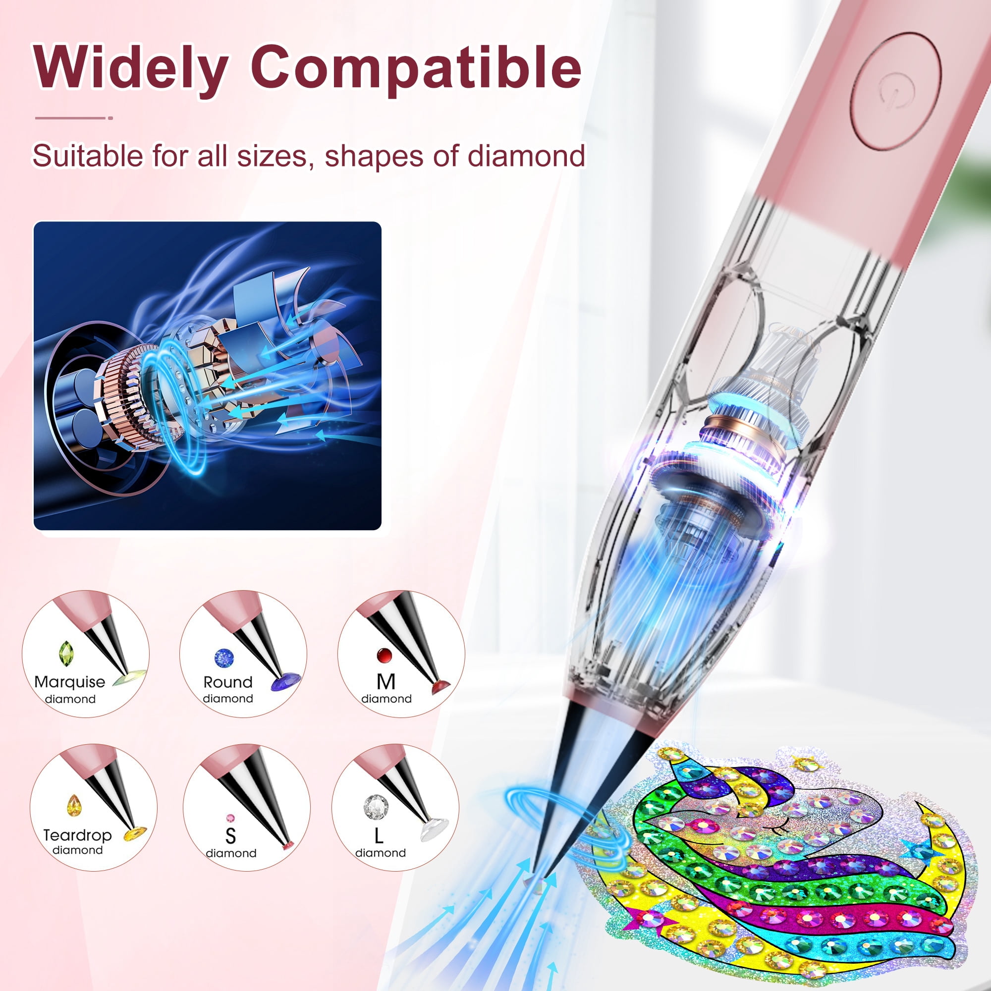 Diamond Painting Pen with Vacuum Pump, No Wax Needed, Lightweight Design, 3 Adjustable Suction Mode & Rechargeable, DIY Diamond Art Accessories and Tools(Pink)