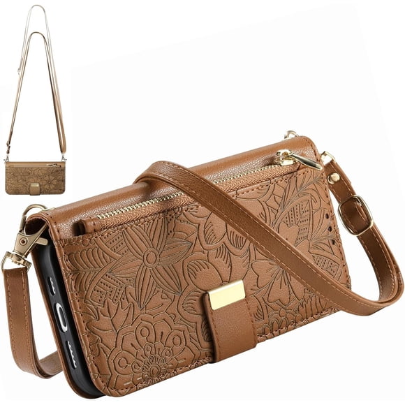 iPhone Funda Tipo Cartera Cruzada para 17 Pro con Correa y Bolsillo con Zíper, Cubierta de Cuero Floral