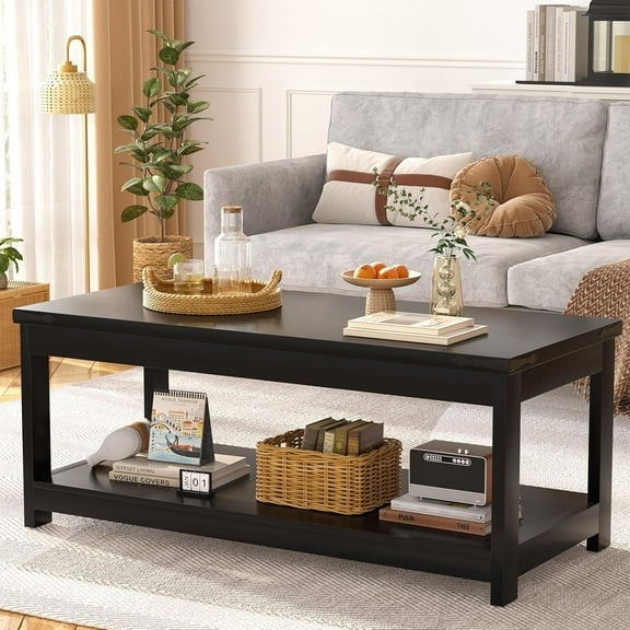 Aheaplus 43.3" Farmhouse Coffee Table with Storage Shelf, Rustic Wood Center Table for Living Room,Black