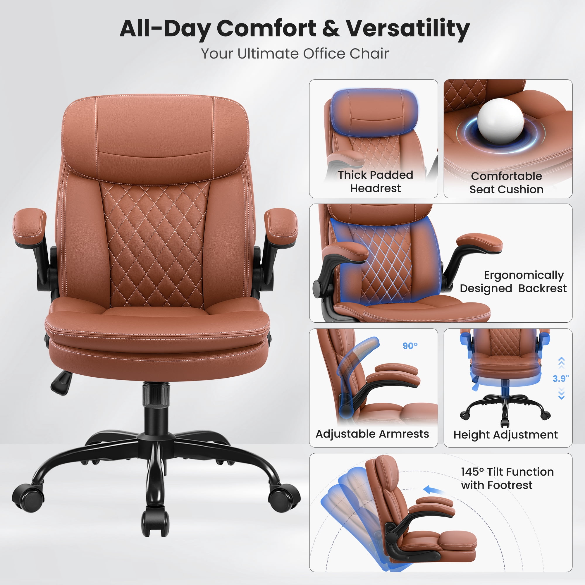 COOLHUT 400LBS Big and Tall Office Chair, Executive PU Leather Desk Chair Thick Seat Cushion and Neckrest, Support 8 Hours Heavy Duty Design, 8-Years Warranty, Brown