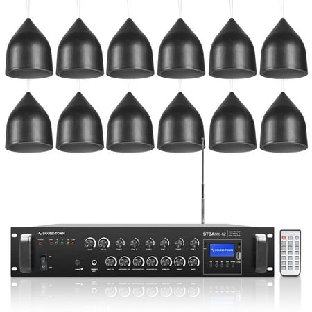 Sound Town Commercial Restaurant Bluetooth Amplifier + Pendant Speaker Set with One 6-Zone 70V/100V Amplifier with Bluetooth 12 x Weather-Resistant 6.5-Inch Pendant Speakers Black (STCA360X12PD6B)