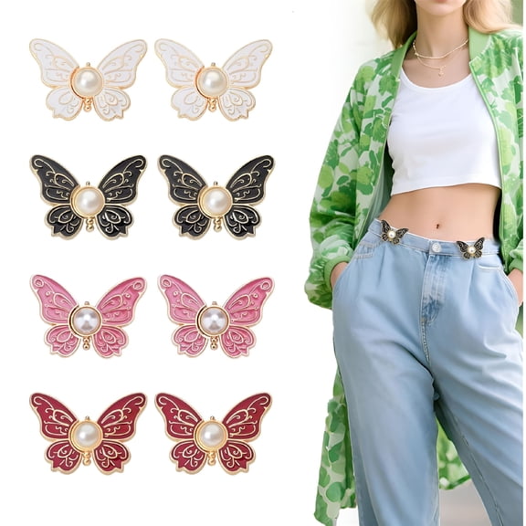 VANIDO 8-Pack Waist Tightener for Pants Women - Adjustable Waist Cincher Clip,No Sew Buttons for Loose Jeans/Skirts,Metal Flower Pins with Spring Lock (Pearl Accent)