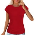 thumbnail image 6 of OGLCCG Womens Summer Cap Sleeve Tops Solid Business Casual Crewneck Ruched Tee Trendy 2025 Basic Beach Vacation Outfits Clothes, 6 of 6