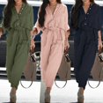 thumbnail image 2 of V-neck Buttons Closure Belt Women Jumpsuit Women Casual 3/4 Sleeve Solid Color Cargo Jumpsuit Ladies Outfit, 2 of 5