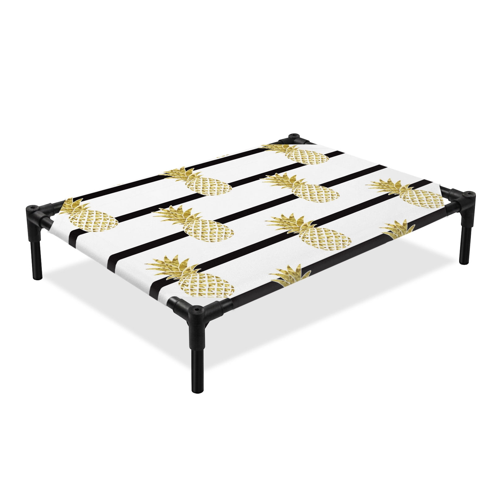 Yellow Pineapple Elevated Dog Bed Abstract Fruit White Black Stripe Modern Cooling Breathable Outdoor Raised Dog Cot Bed with Metal Frame Non-Slip Feet for Large Dog 28x22in