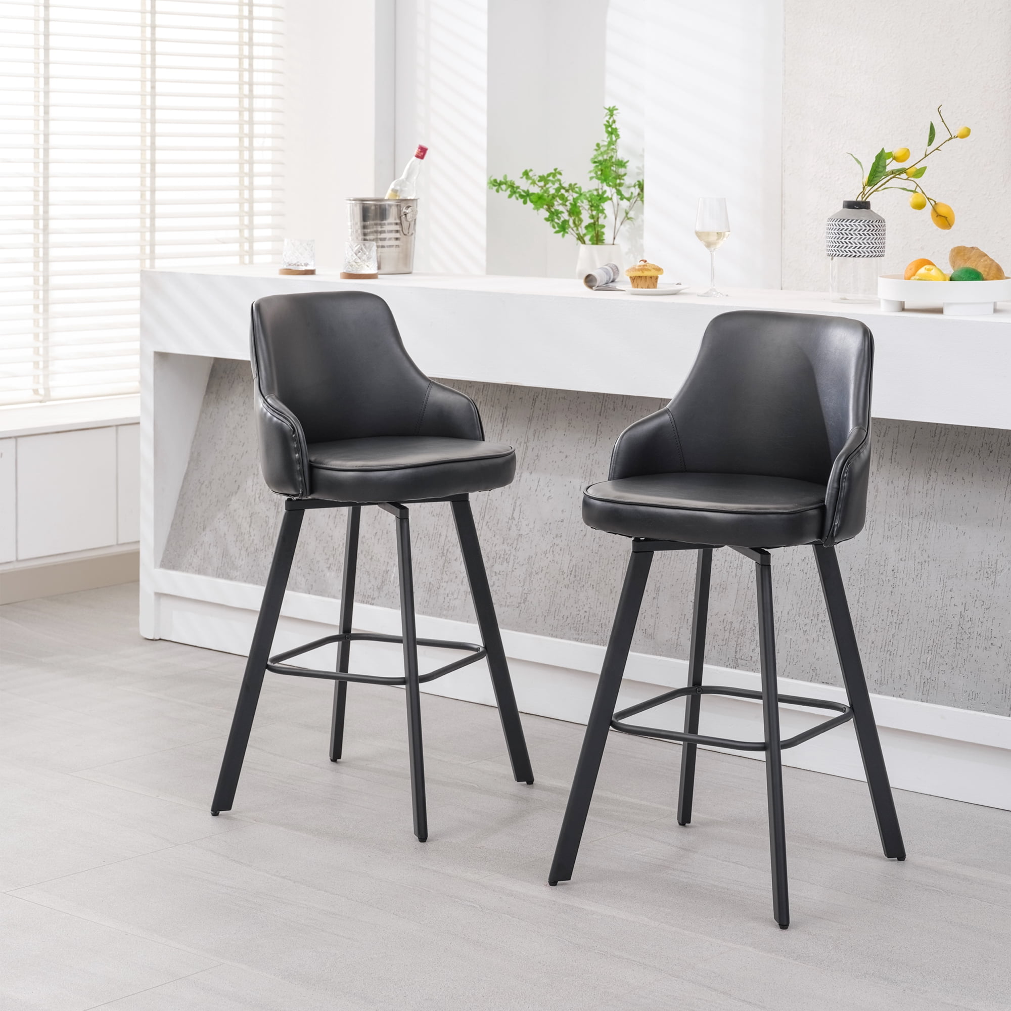 FIRAVOE Bar Stools Set of 2, 30" Swivel Bar Height Bar Stools with High Back, Faux Leather Bar Chairs Black Barstools for Kitchen Island