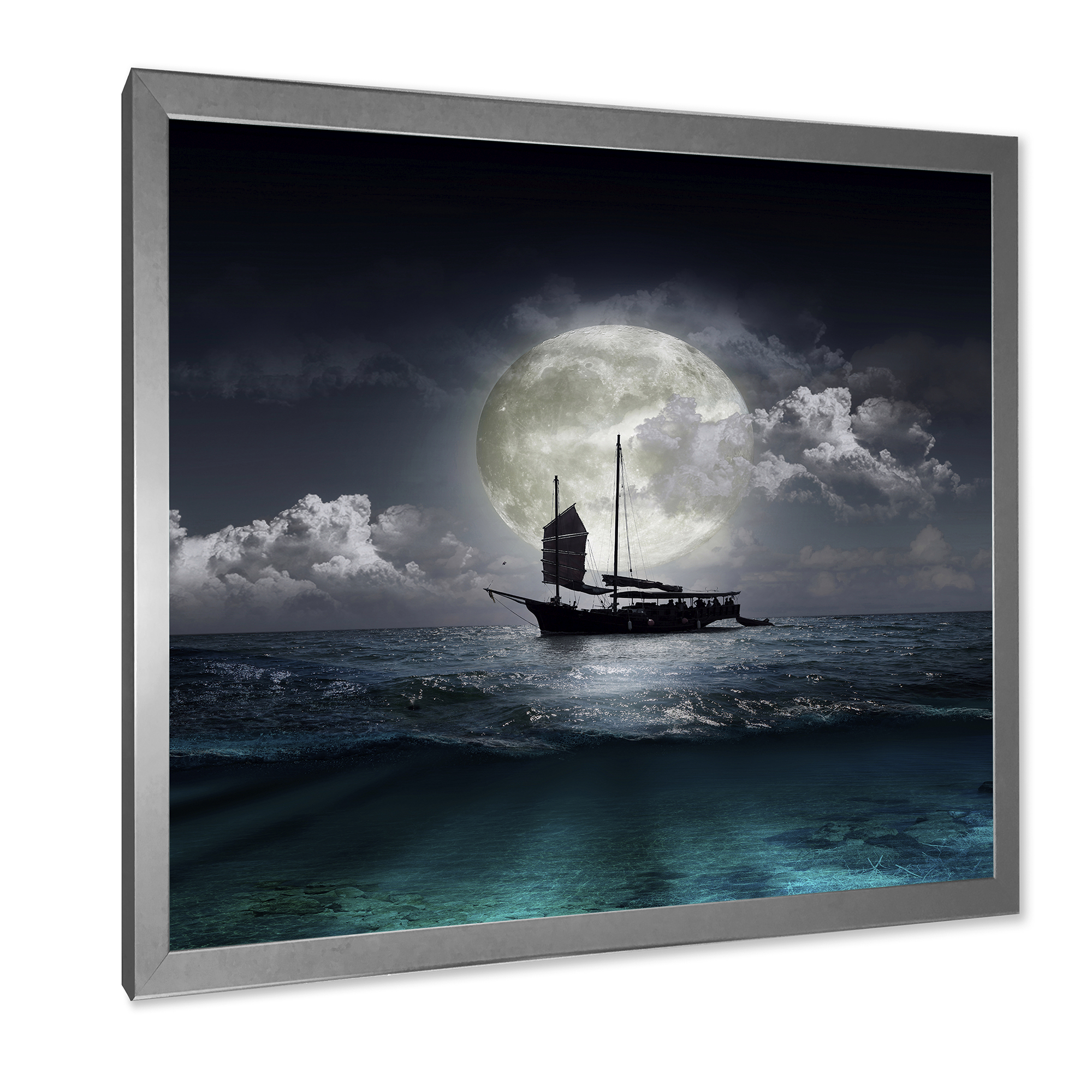 The Lake During Full Moon With Fisher Boat 30 in x 30 in Framed Photography Canvas Art Print, by Designart