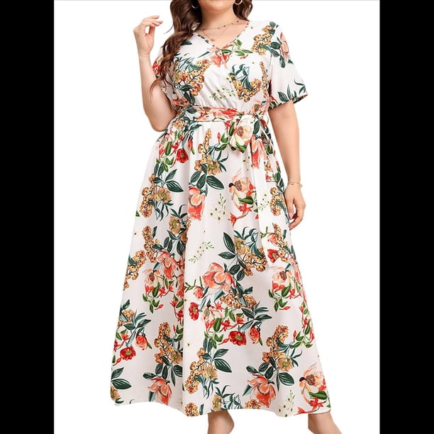Vestido de Verano Holgado Informal de Corta con Corte A y Corte en A para Mujer, Talla Grande Crema XXXL