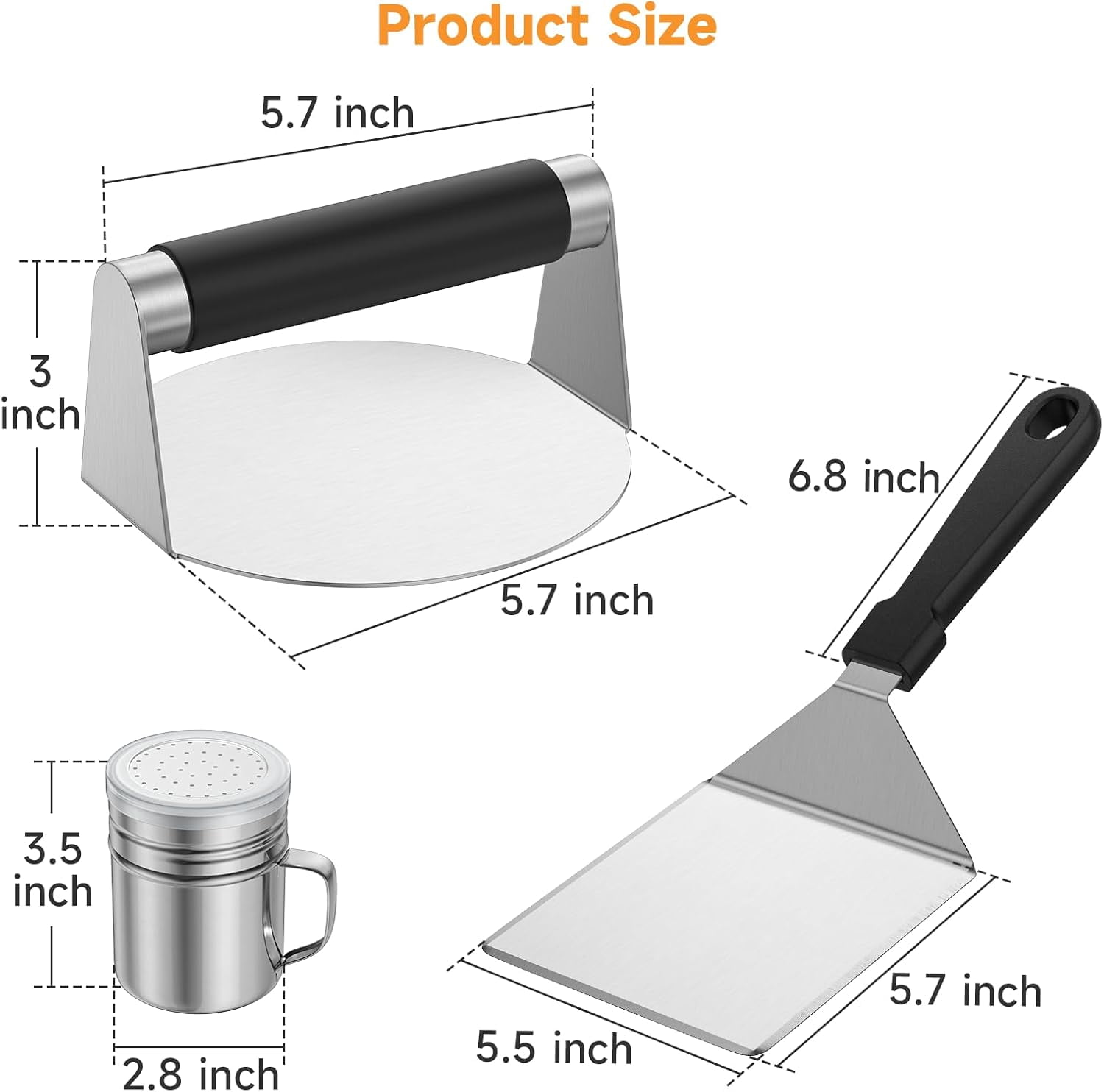 3 Pcs Smash Burger Press Kit Stainless Steel 6 Inch Spatula Seasoning Shaker Replacement Compatible With Blackstone Griddle Flat Top