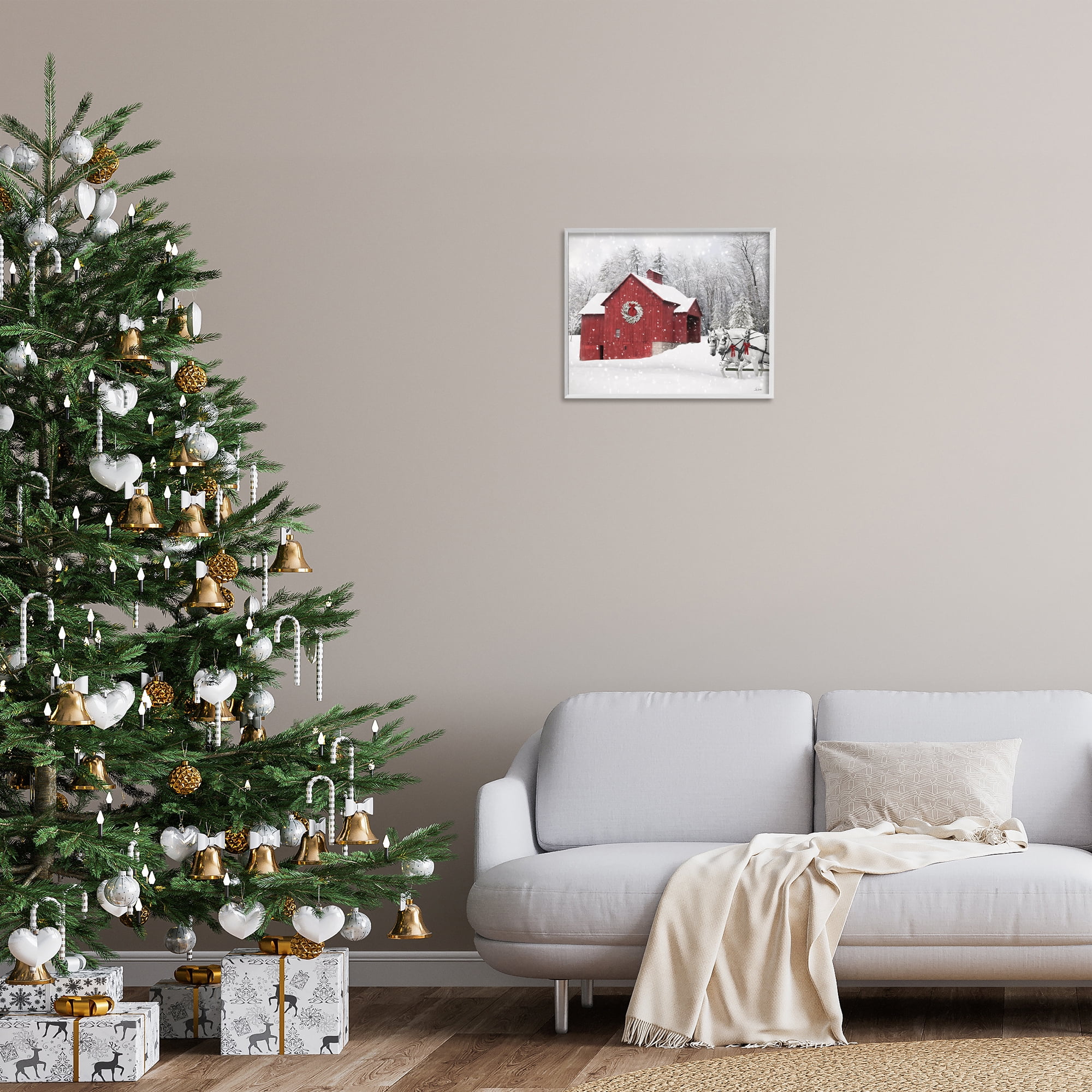 Stupell Industries Snow Covered Red Barn Holiday Painting White Framed Art Prints Wall Art, 20 x 16