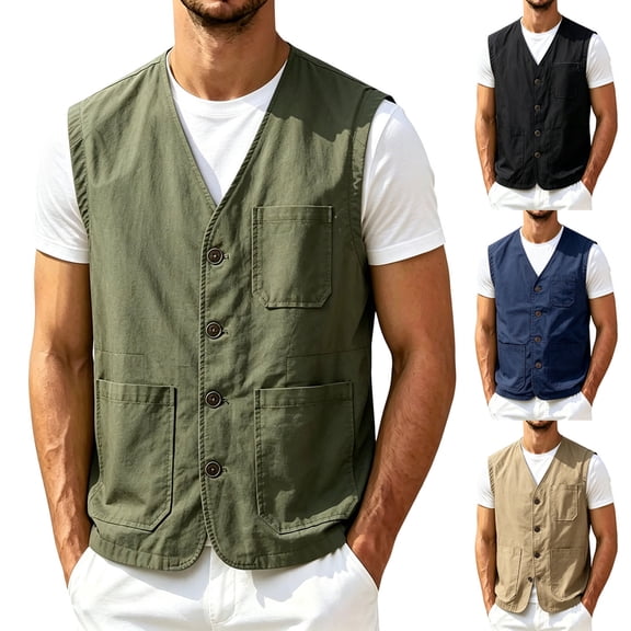 Abomasnow Men's Cotton Vests Casual Sleeveless V Neck Button Down Travel Workwear with Pockets