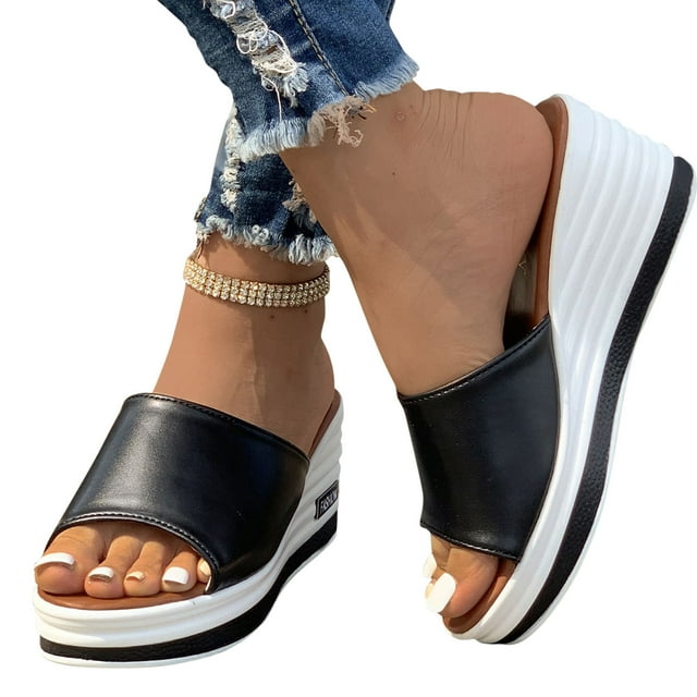 Wedge Sandals for Women Slide Platform Peep Toe Leather Non Slip Comfortable Breathable Summer Slippers Black