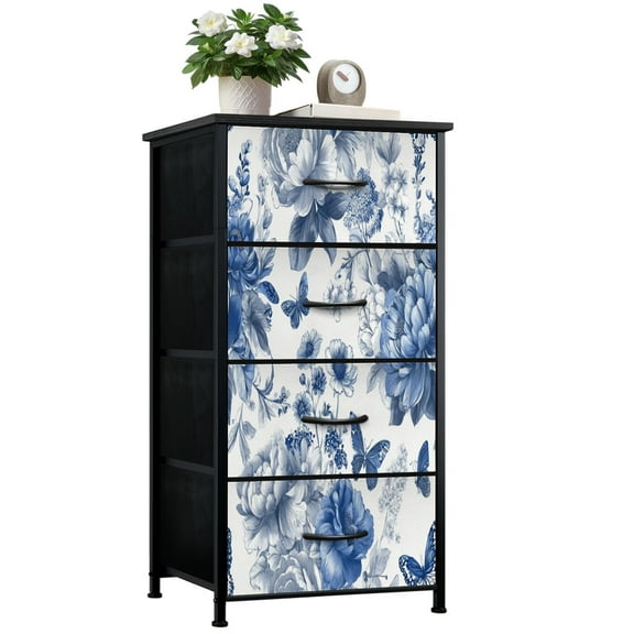 Vintage Dresser for Bedroom with 4 Storage Drawers Blue Floral Butterflies Hand Drawn Style Dressers Chest of Drawers Steel Framed Fabric Closet Organizers for Nursery Entryway