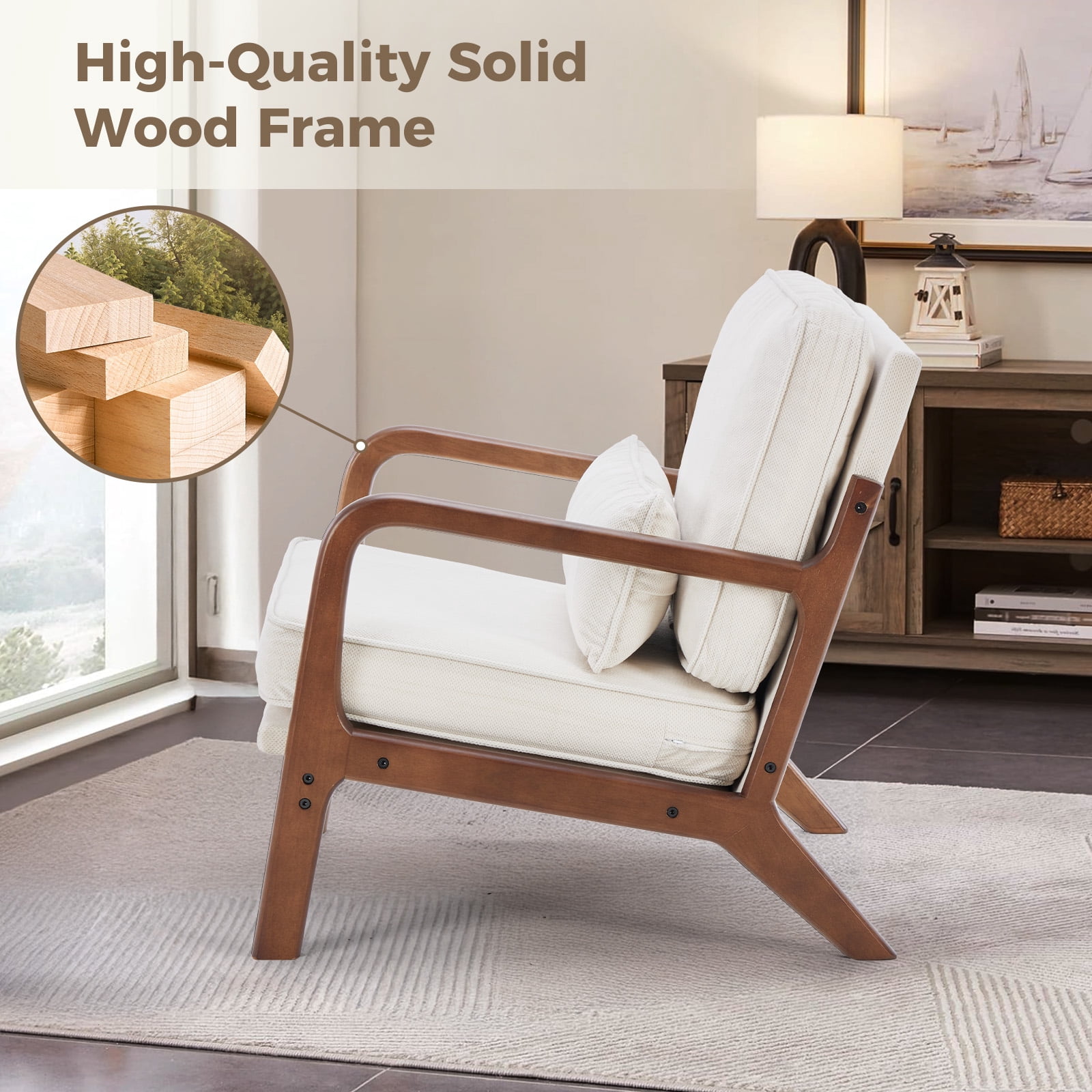 GIANNA Modern Accent Lounge Chair with Armrests and Cushion, Wooden Frame Reading Chair for Living Room or Bedroom, Beige