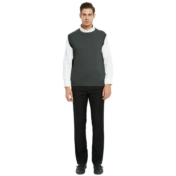TOPTIE Men's 100% Cotton Knit Sweater Vest, Crew Neck Solid Color