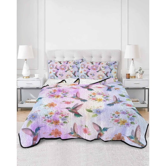 Quilts Twin Size, Pink Purple Hummingbird Soft Comforter Bedding Set for Bed, Spring Watercolor Flowers Leaf Plant Lightweight Quilted Bedspread with Pillow Cover(2 Pieces) for All Season, 68x86 Inch