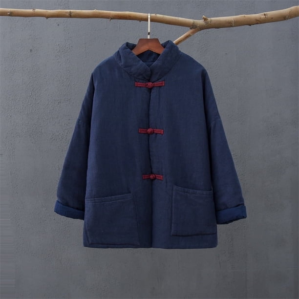Chaqueta corta de algodón y lino con cuello alto y hebilla de color sólido retro para mujer, chaqueta de algodón cálida para mujer