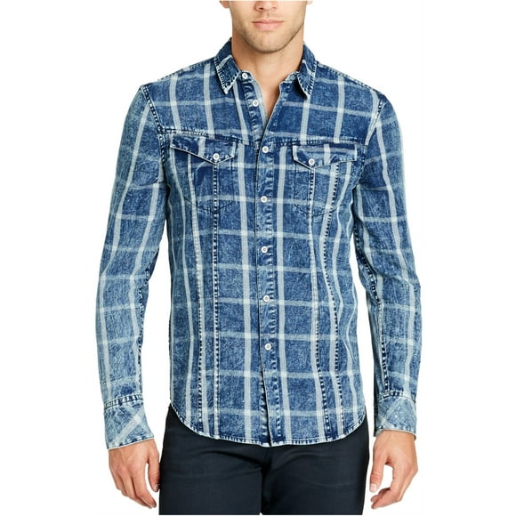 William Rast Mens Denim Grid-Pattern Button Up Shirt, Blue, Large