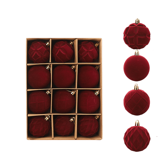2.36Inch Burgundy Velvet Christmas Ornaments Balls Flocked Christmas Tree 12PCS Plastic Balls Xmas Hanging Ornaments Decoration Red