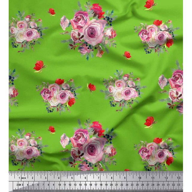 Soimoi Tissu en Poly Georgette Vert Imprimé Feuilles d'Épices & Roses par Yard 42 Pouces de Large