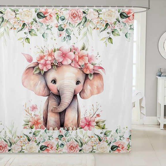 Cute Elephant Shower Curtain Watercolor Pink Floral Girl Bathroom Decor Fabric Waterproof Bath Curtain with Hooks 71x71 inches