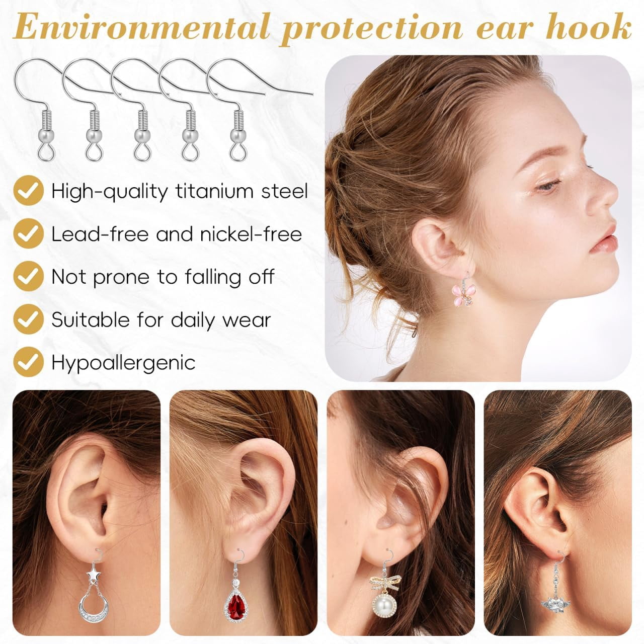 100Pcs Titanium Steel Fish Hook Design Earring, Silver Titanium Earring Hooks Accessories Easy to Wear and Sturdy for Daily and Party Occasions