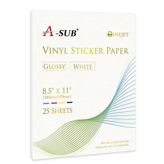A-SUB Printable Vinyl Sticker Paper for Inkjet Printer, 25 Sheets Waterproof Glossy White Sticker Paper 8.5x11