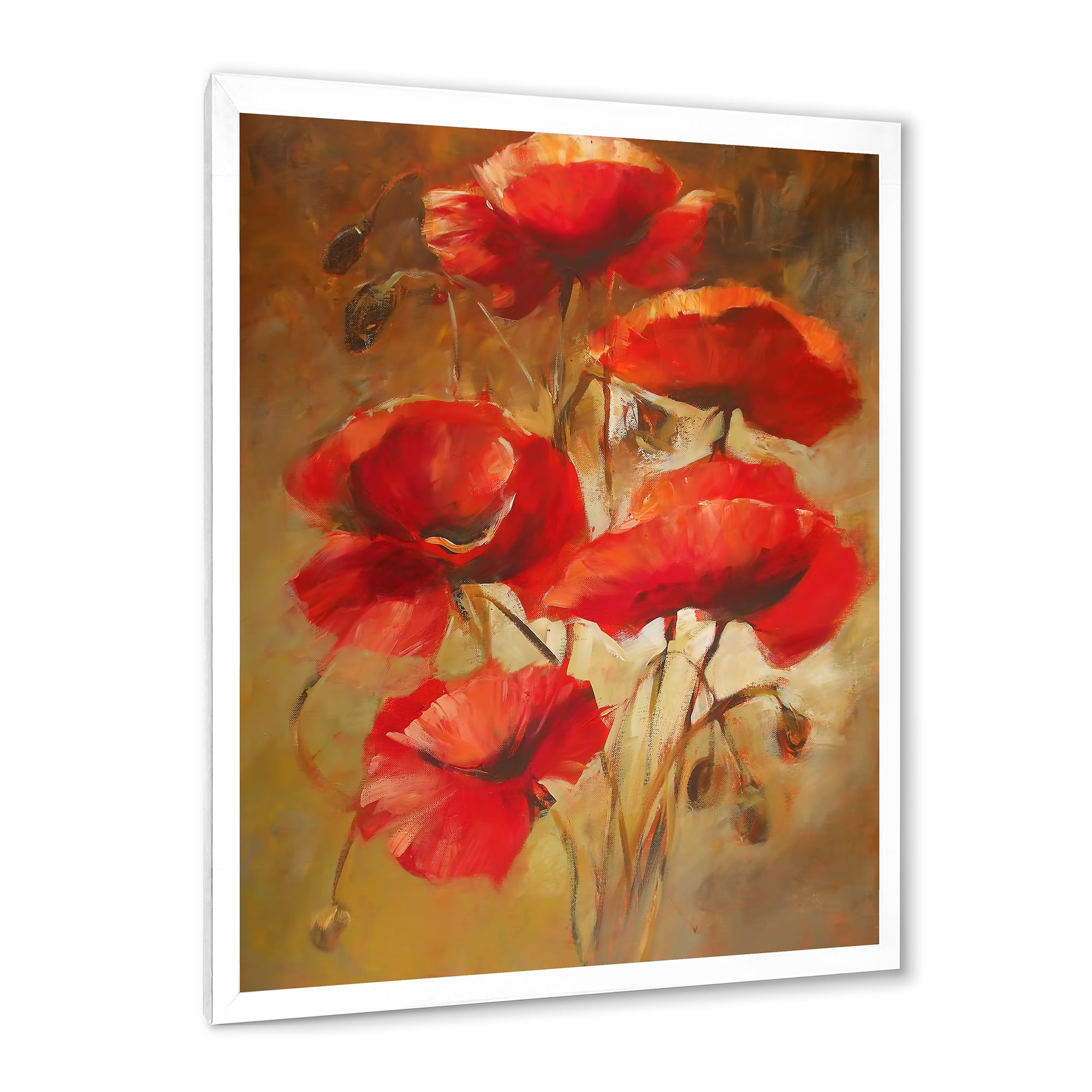 Designart 'Red Blossoming Poppies Over Wild Brown I' Traditional Framed Art Print
