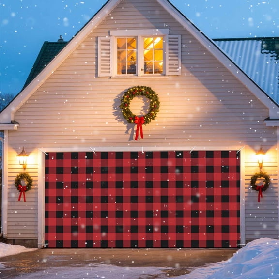 Red and Black Buffalo Plaid Christmas Garage Door Decorations, 6.9x8ft Garage Door Cover Banner with Grommets, Outdoor Garage Door Backdrop Mural for Holiday Party Wall Decor, Check Checkered