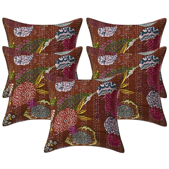 Stylo Culture Ethnic Chair Seat Throw Pillow Covers 16x16 Kantha Dark Brown Printed 40x40 cm Home Decor Cotton Tropicana Square Cushion Covers | Set Of 5