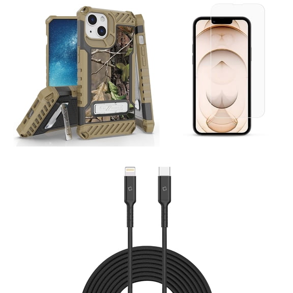 Bemz iPhone 13 Bundle: Tri Shield Shockproof Armor Rugged Case (Hunting Camo), Premium Glass Screen Protectors (2-Pack), USB-C to Lightning Cable (3.3ft/1m)