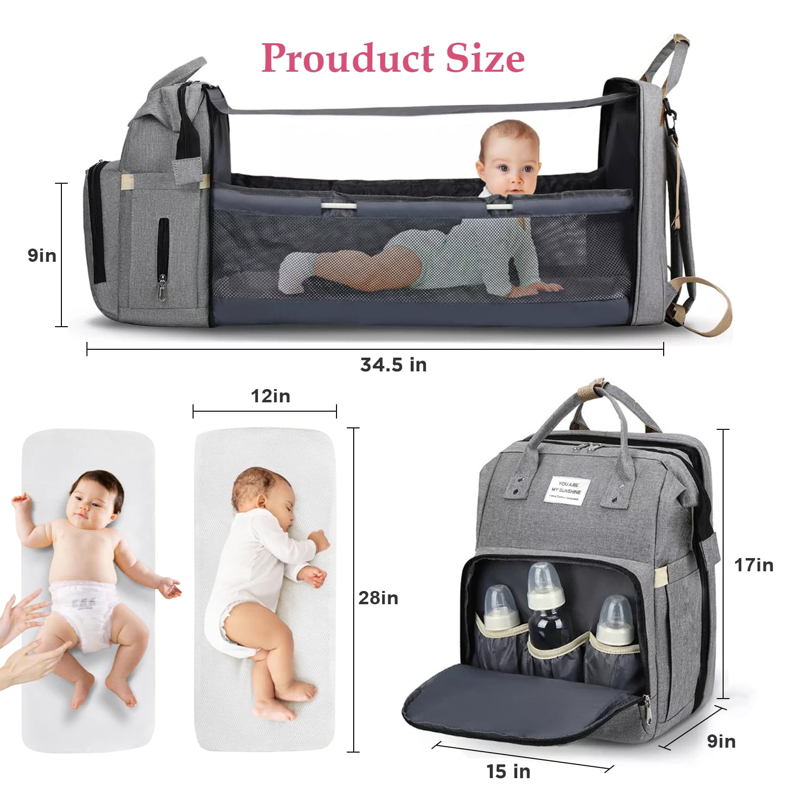 Diaper Bag Backpack, Large Waterproof Baby Bag for Mom with Changing Pad, USB Charging Port, Baby Shower Gifts, Gray