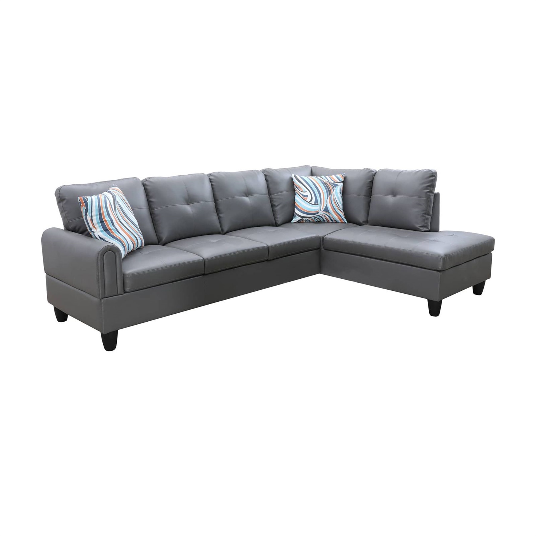Hommoo Faux Leather L Shaped Sectional Couch and Sofa Set, Modern Living Room Furniture Set, Right Side, Dark Grey