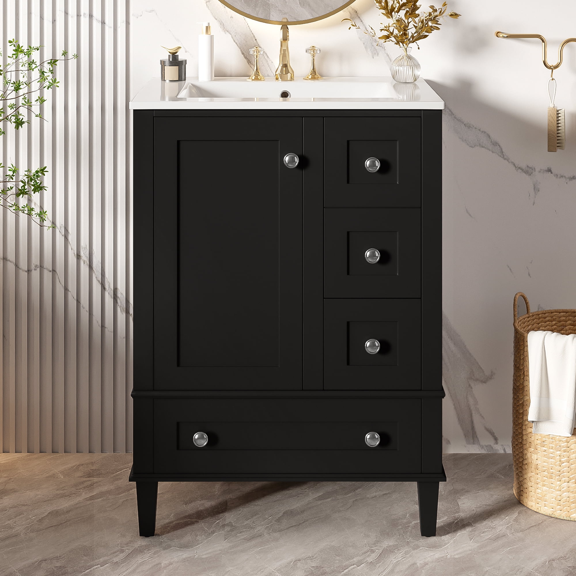 MODERNLUXE 24" Bathroom Vanity with Ceramic Sink,Modern Bathroom Storage Cabinet with A Door-mounted Double-Layer Shelf,1 Soft Closing Door & 3 Drawers, Freestanding Cabinet with Sink Combo Set,Black
