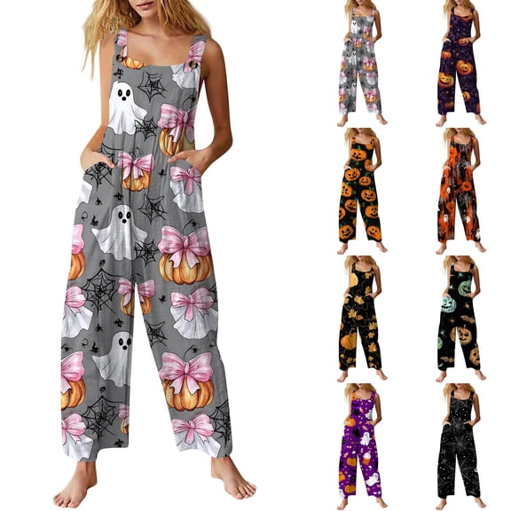 Women's Patchwork Dual Pocket Jumpsuit Loose Floral Print Bohemian Wide Leg Bib Overall Halloween