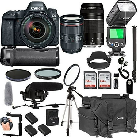 Canon EOS 6D Mark IIWith 24-105mm f/4 L IS II USM + 75-300mm III Lenses + 128GB Memory + Canon Camera Bag + Pro Battery Bundle + Power Grip + Microphone + TTL SpeedLight + Pro Filters,(24pc