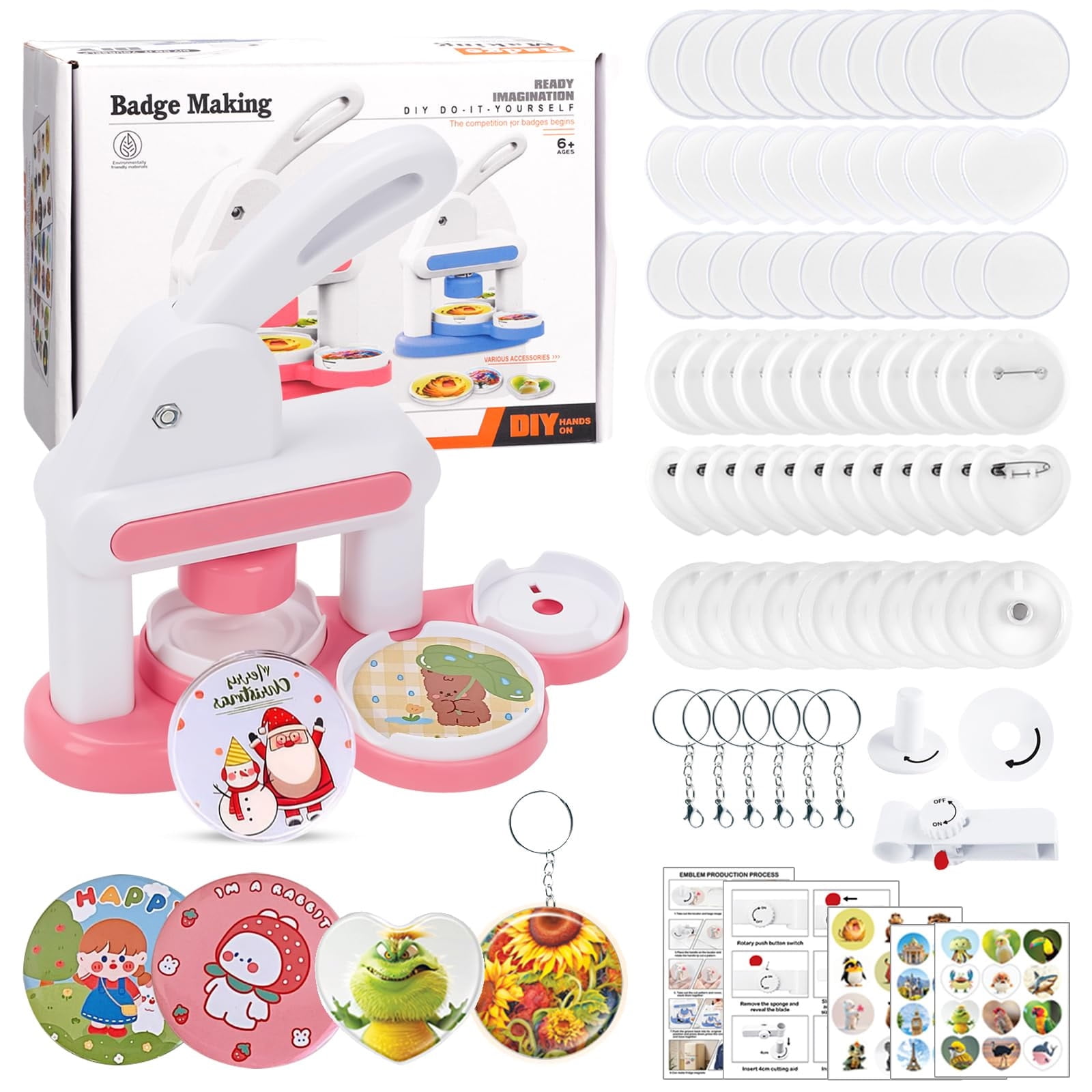 Badge Maker Machine for Kids, DIY Pin Button Maker Press Machine Badge Punch Kit with 86 pcs Button Parts Pictures Cutter,Arts & Crafts for Kids, Perfect for School Projects & Party, Pink
