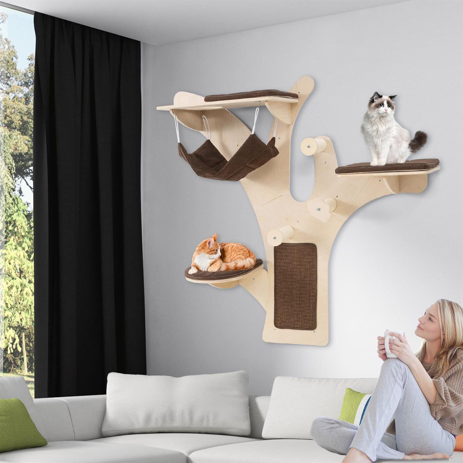 Pefilos Wall-Mounted Cat Tower, Cat Wall Shelves & Perch, Hammock & Sisal Scratching Posts, Brown