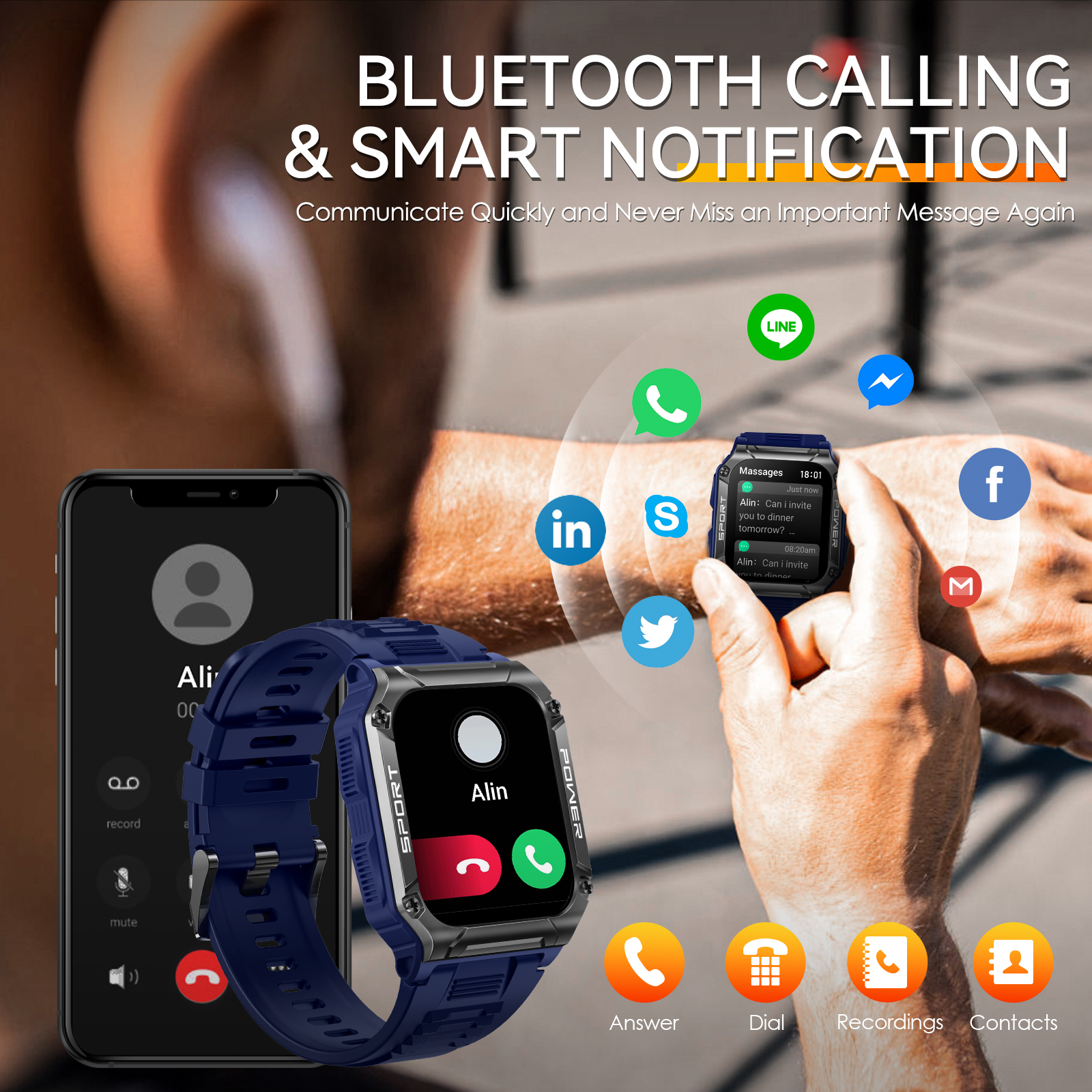Cyberdyer Military Smart Watch Bluetooth 1.95 mm Black Zinc Alloy Case with Black Silicone Band