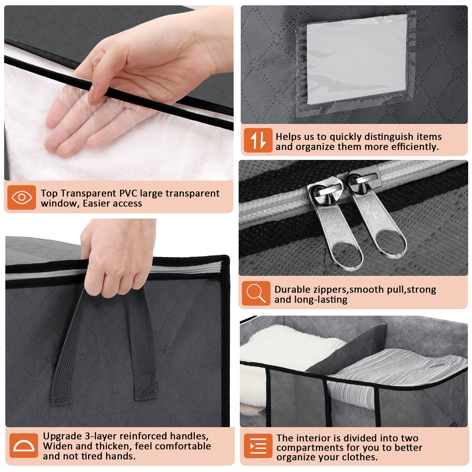 6 Pack Clothes Storage Bags Organizers, Large Closet Storage Bags with Reinforced Handle, Foldable Clothes Storage Bags Closet Organizers, Blanket Storage Bags for Bedding, Clothes-Gray