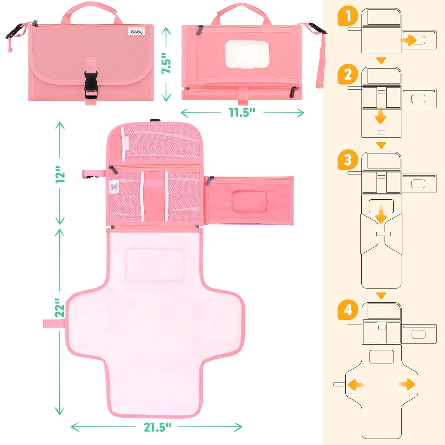 Kopi Baby Portable Diaper Changing Pad Travel Bag with Built-In Pillow, Reversible Wipes Pocket, Foldable Changing Mat, Pink, Premium