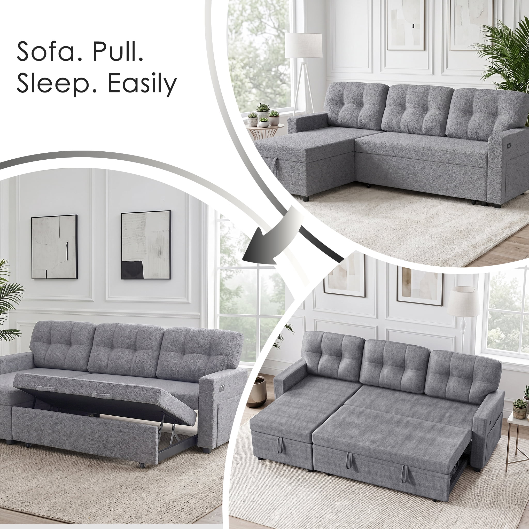 Xiweot Convertible Sleeper Sofa Bed, 82" L Shaped Sectional Couch with Pull Out Bed, Storage Chaise & Reversible Lounge, Teddy Fabric Compact Sectional Sofa for Living Room Apartment (Ligth Grey)